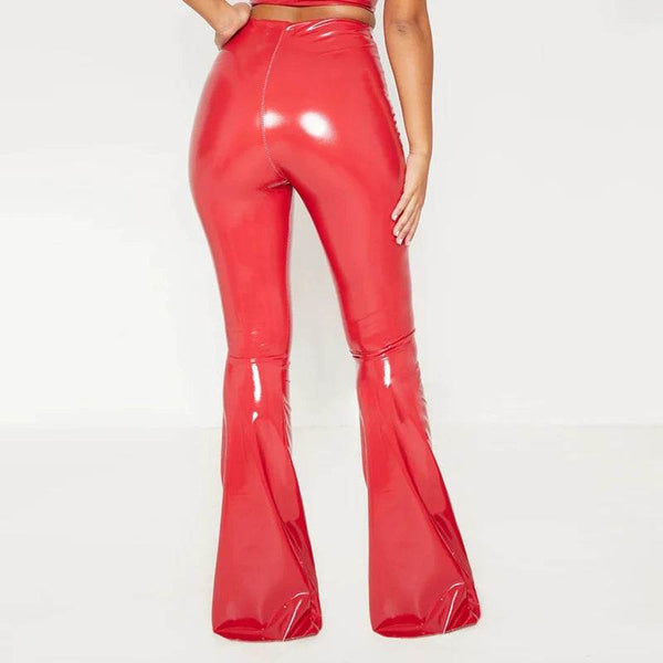 Red Shiny PU Leather High Waist Flared Trousers - Your Shiny Clothes