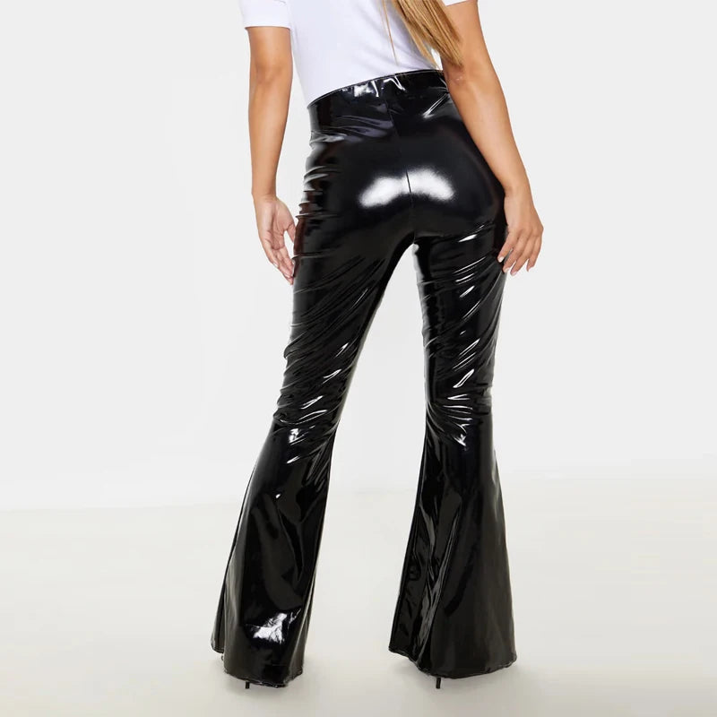 Red Shiny PU Leather High Waist Flared Trousers