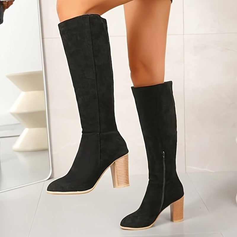 Black Faux Suede Knee-High Boots
