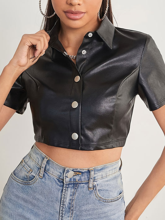 Faux Leather Button Front Collared Crop Top - Your Shiny Clothes