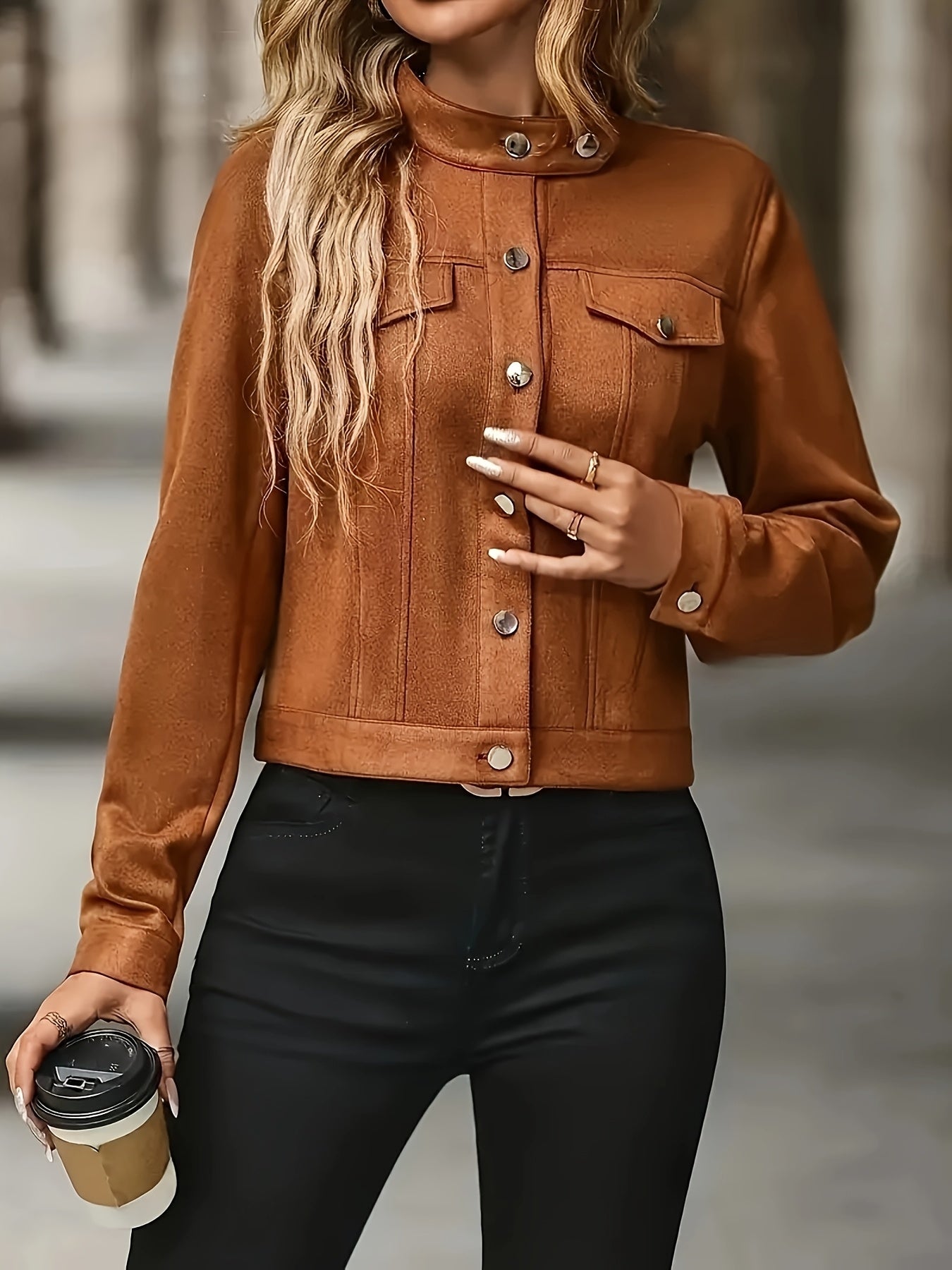Casual Chic Brown Faux Suede Long Sleeve Stand Collar Jacket