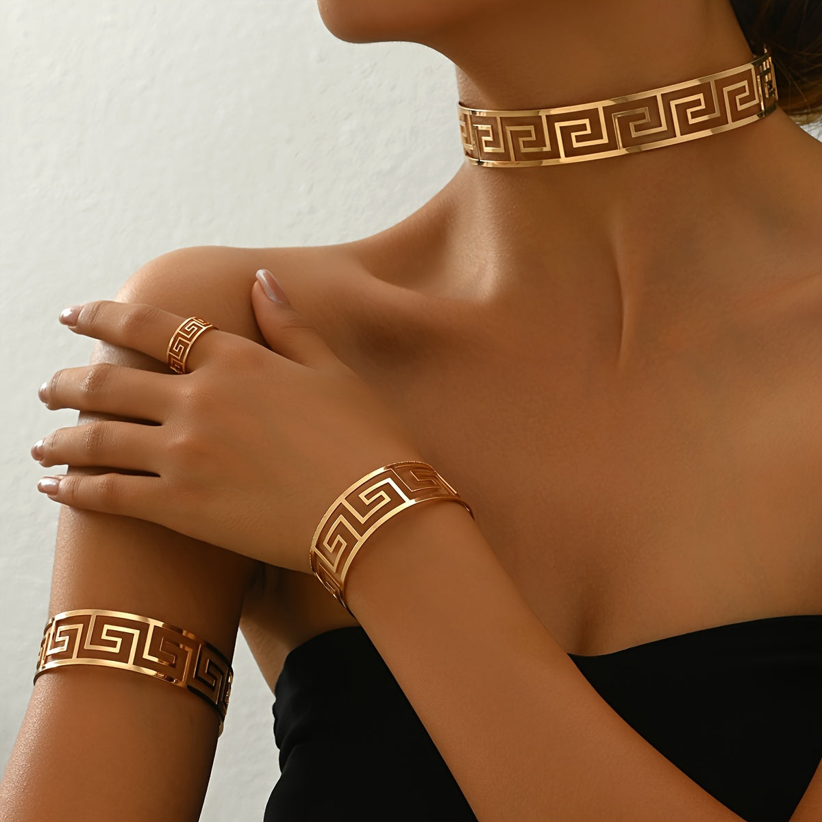 Vintage-Inspired Geometric Cutout Greek Design Jewelry Set