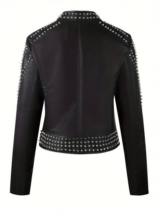 Faux Leather Rivet Decor Zipper Jacket