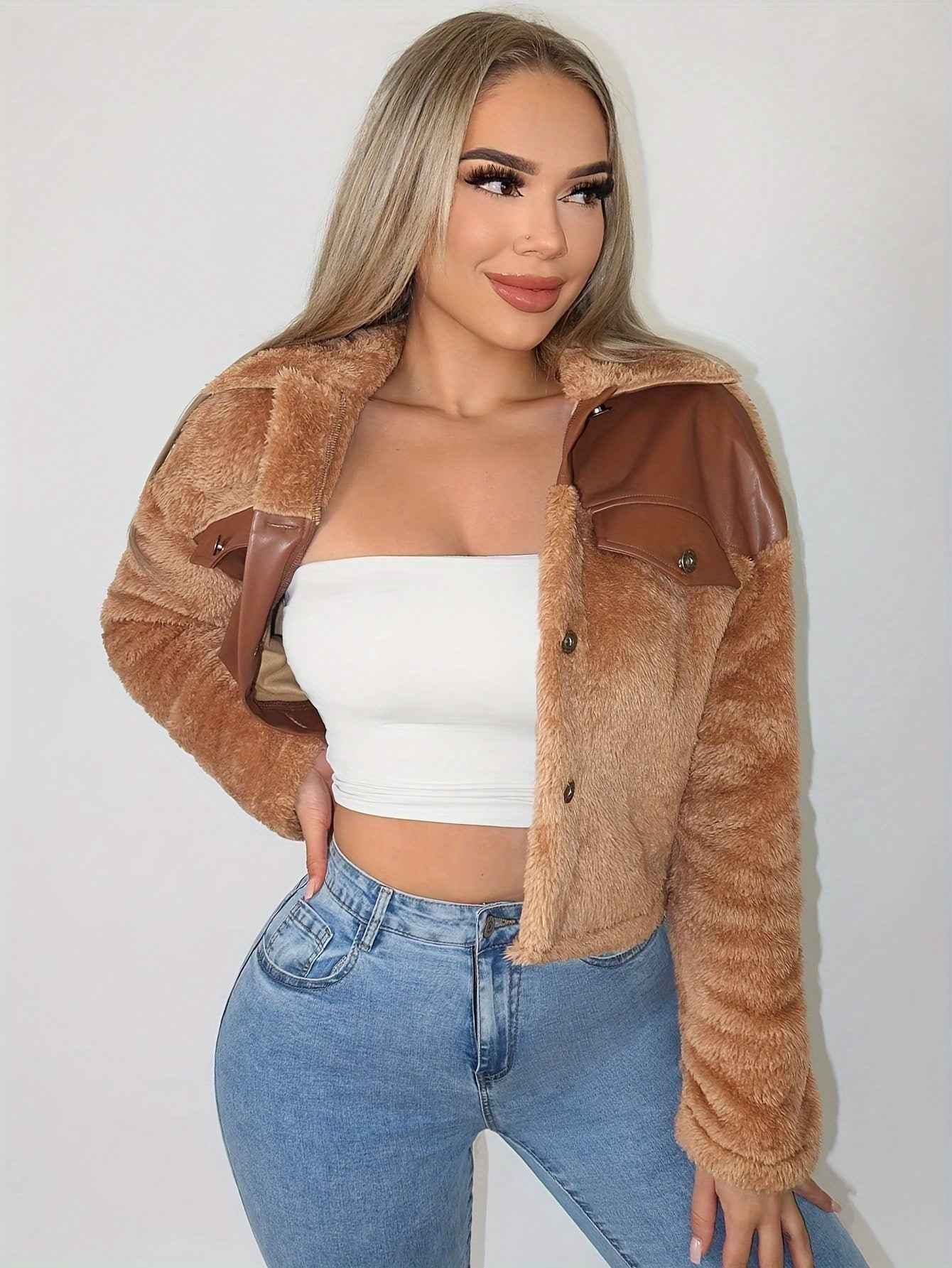 Cropped Faux Leather & Teddy Jacket with Button Front