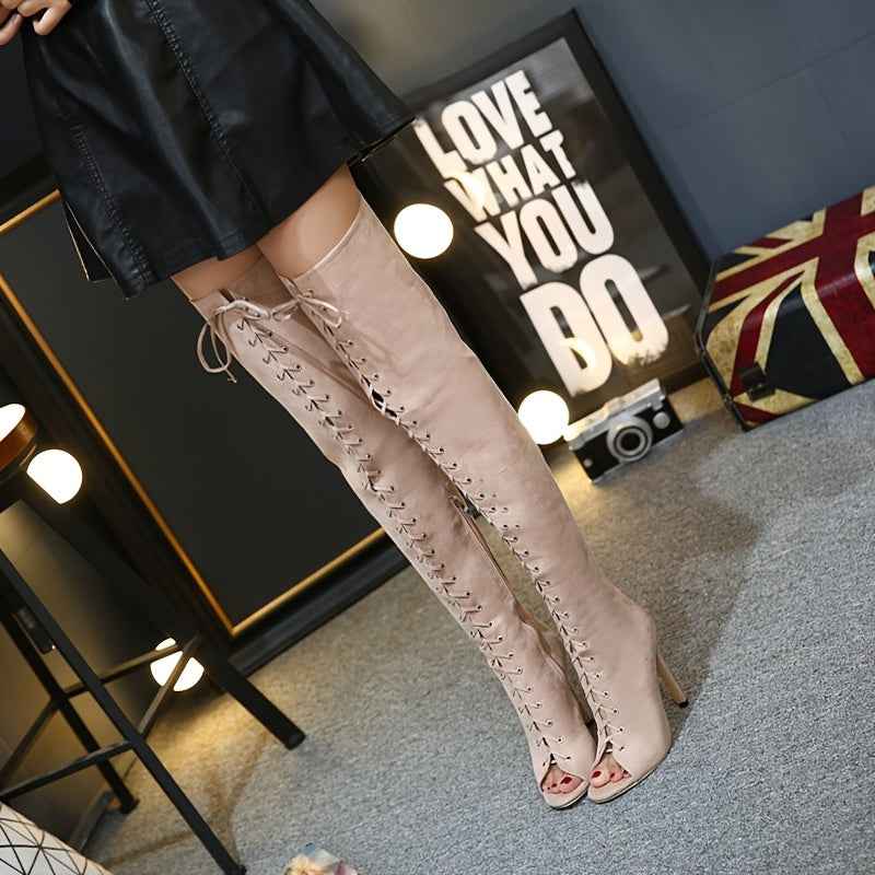 Faux Suede Thigh-High Lace-Up Boots – 12cm Stiletto