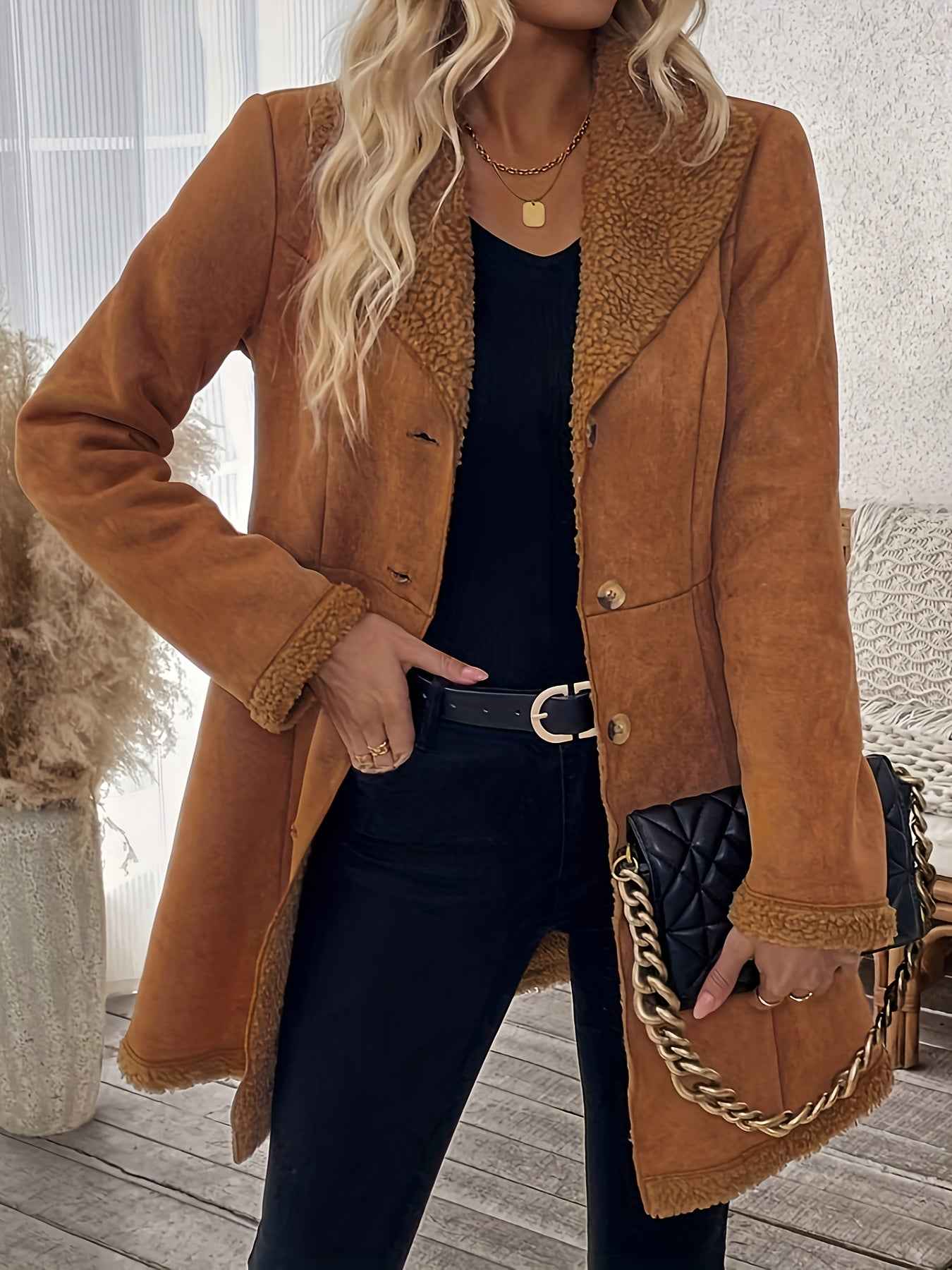 Vintage-Inspired Caramel Brown Double-Breasted Women's Faux Fur Coat