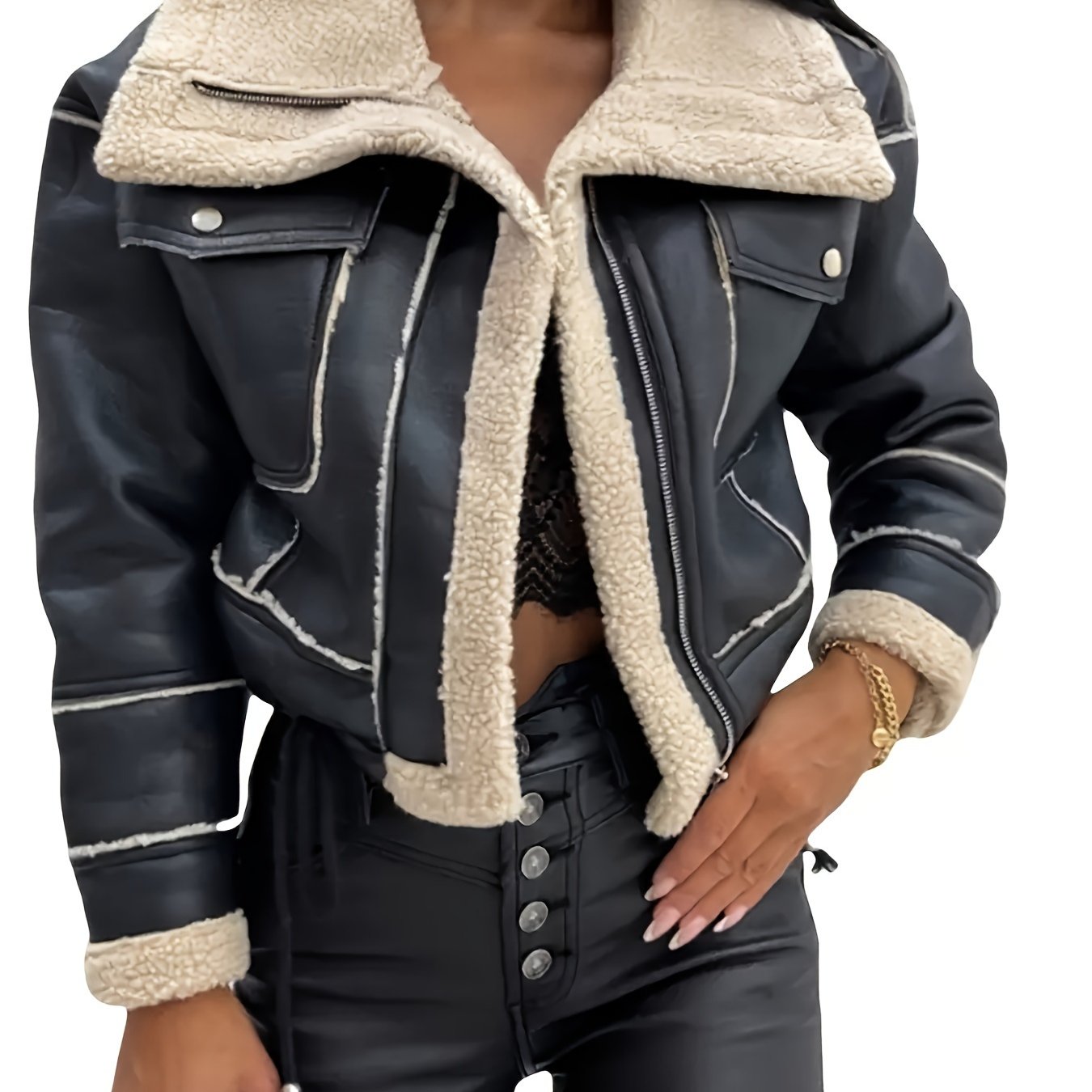 Faux Shearling Biker Style Casual Jacket with Lapel Collar