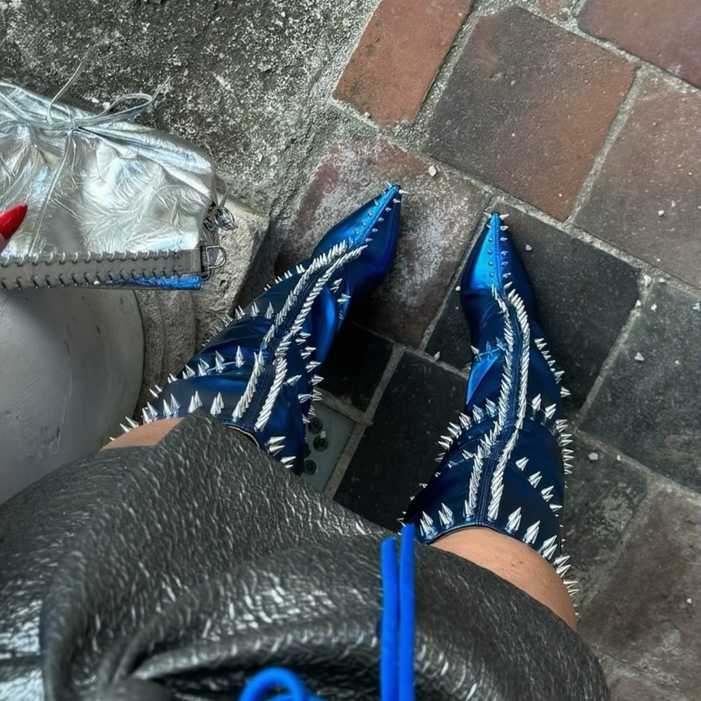 Glossy Patent Leather Rivet Thigh-High Stiletto Boots