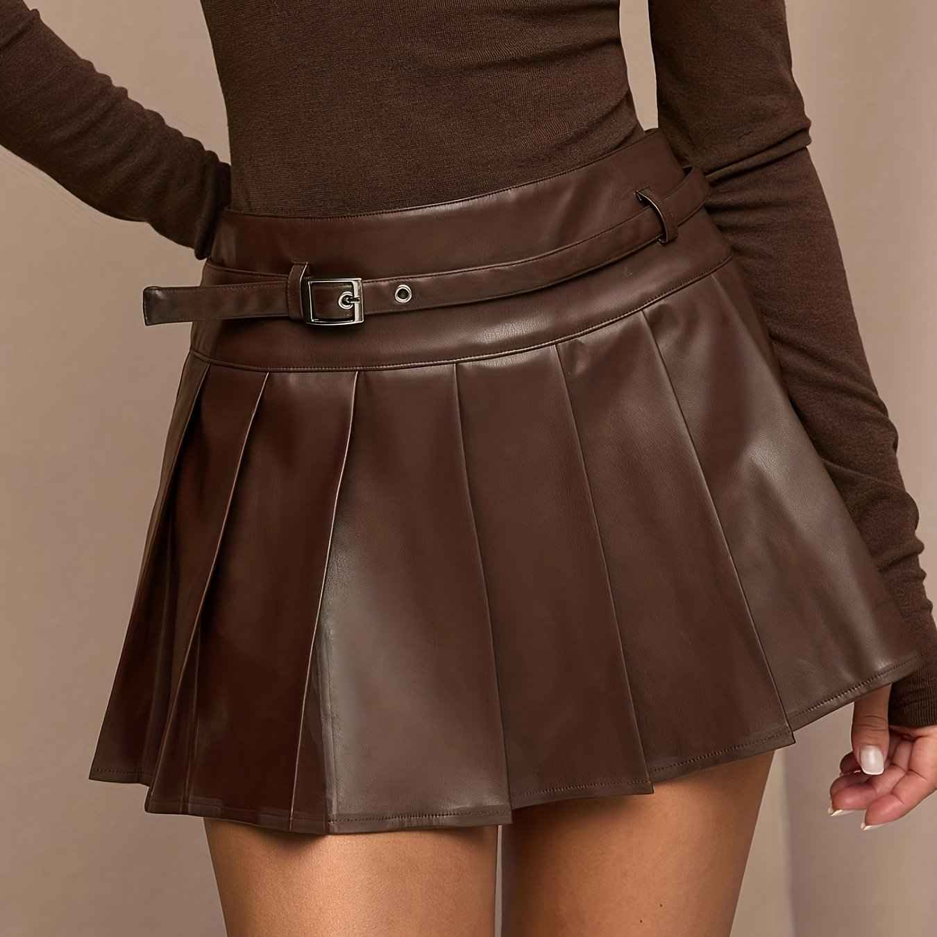 Brown PU Leather Slim-Fit Short Pleated Belted Mini Skirt