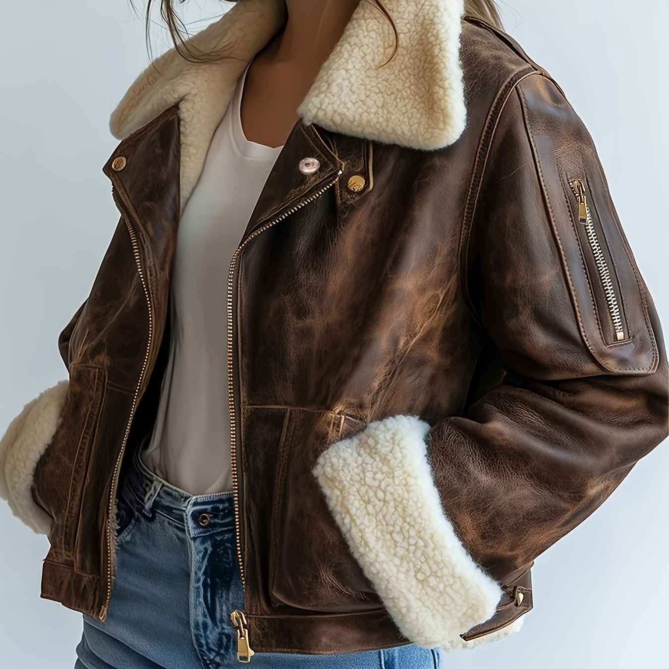 Brown Synthetic Leather Jacket with Faux Fur Lined Hood and Zippered Pockets
