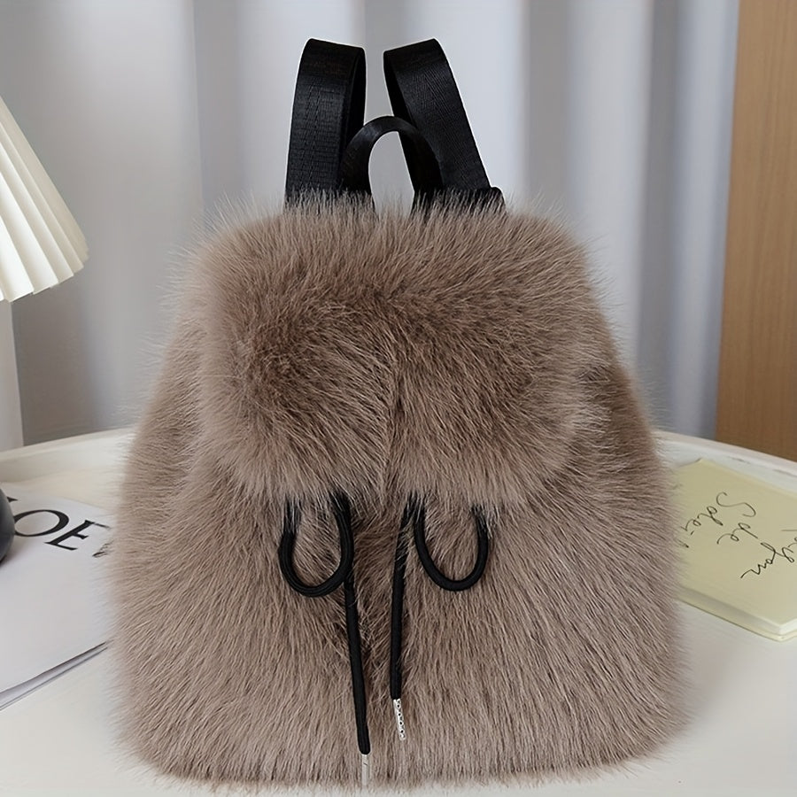 Plush Faux Fur Backpack with Adjustable Drawstring Closure