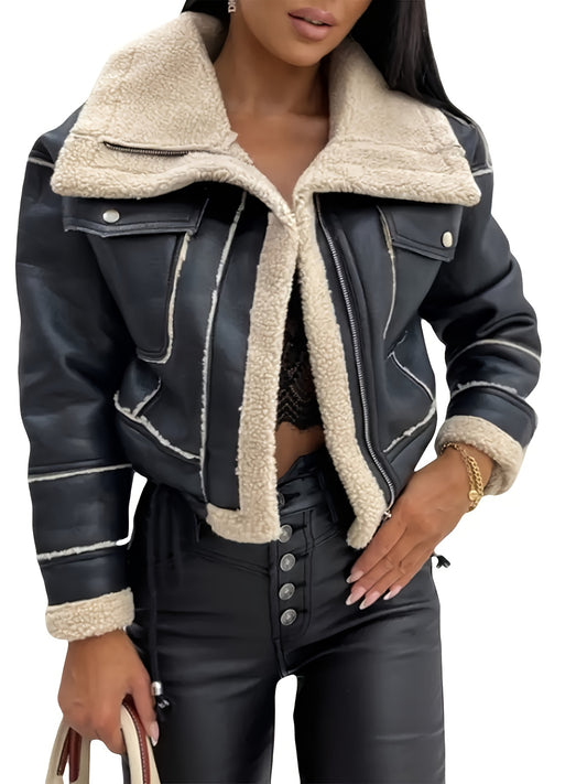 Faux Shearling Biker Style Casual Jacket with Lapel Collar
