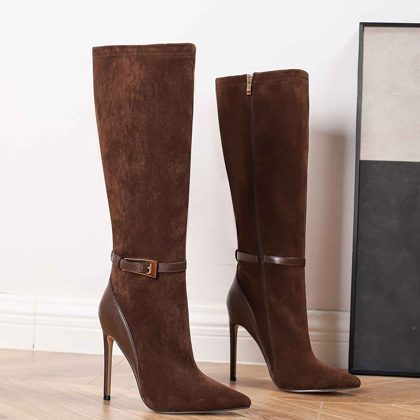 Faux Suede Brown Knee-High Stiletto Boots with Faux Leather Heel