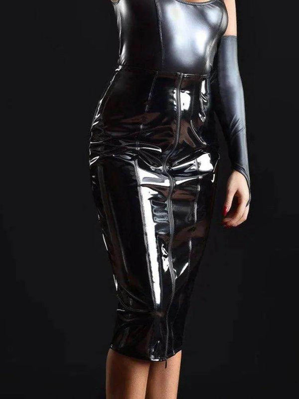 Your Shiny Clothes Black Patent Leather Midi Skirt - Your Shiny Clothes