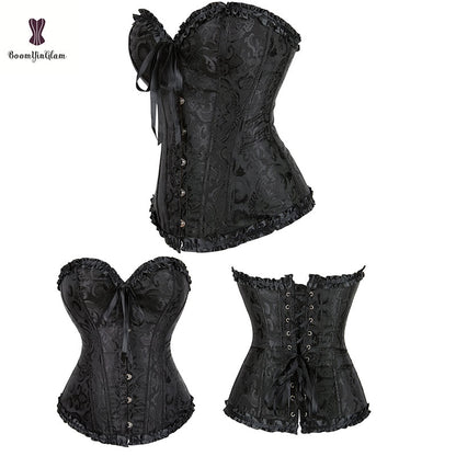 Elegant pleated lace bustier corset in black with ribbon detail and decorative buttons