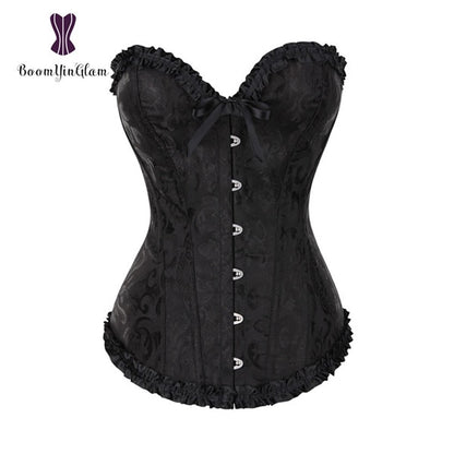 Elegant black pleated lace bustier corset with ruffled edges and front buttons