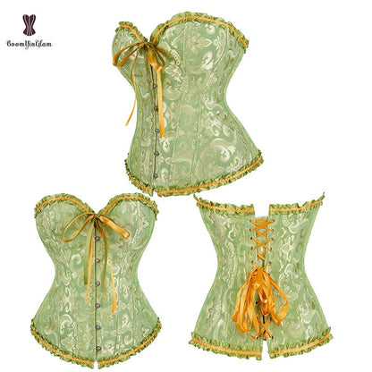 Your Shiny Clothes pleated lace bustier corset in green with lace-up back and ribbon details