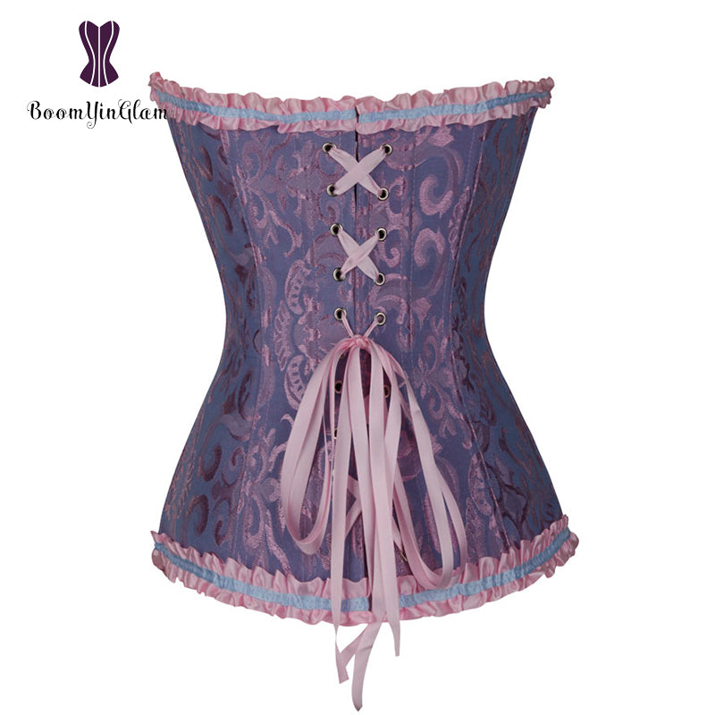 Elegant pleated lace bustier corset in purple with ribbon lacing and ruffled edges