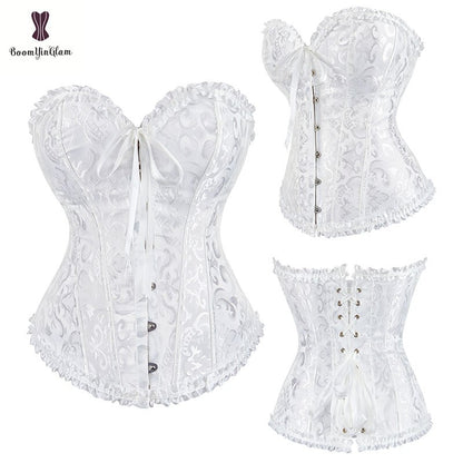 Elegant pleated lace bustier corset in white with adjustable lace-up back for a flattering silhouette