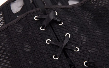 Black lace and mesh corset with intricate lacing details for a stylish and elegant fit