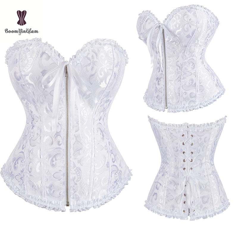 Elegant white zipper lace up corset with lace trim and structured design for a flattering silhouette