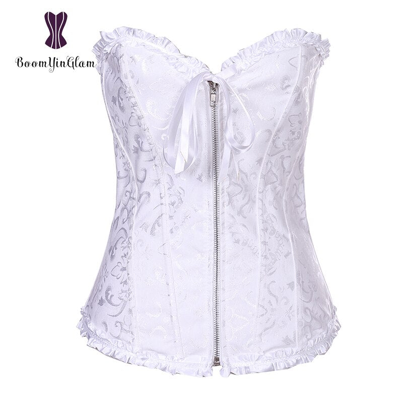 Elegant white zipper lace up corset with ruffle details and floral patterns for a flattering fit