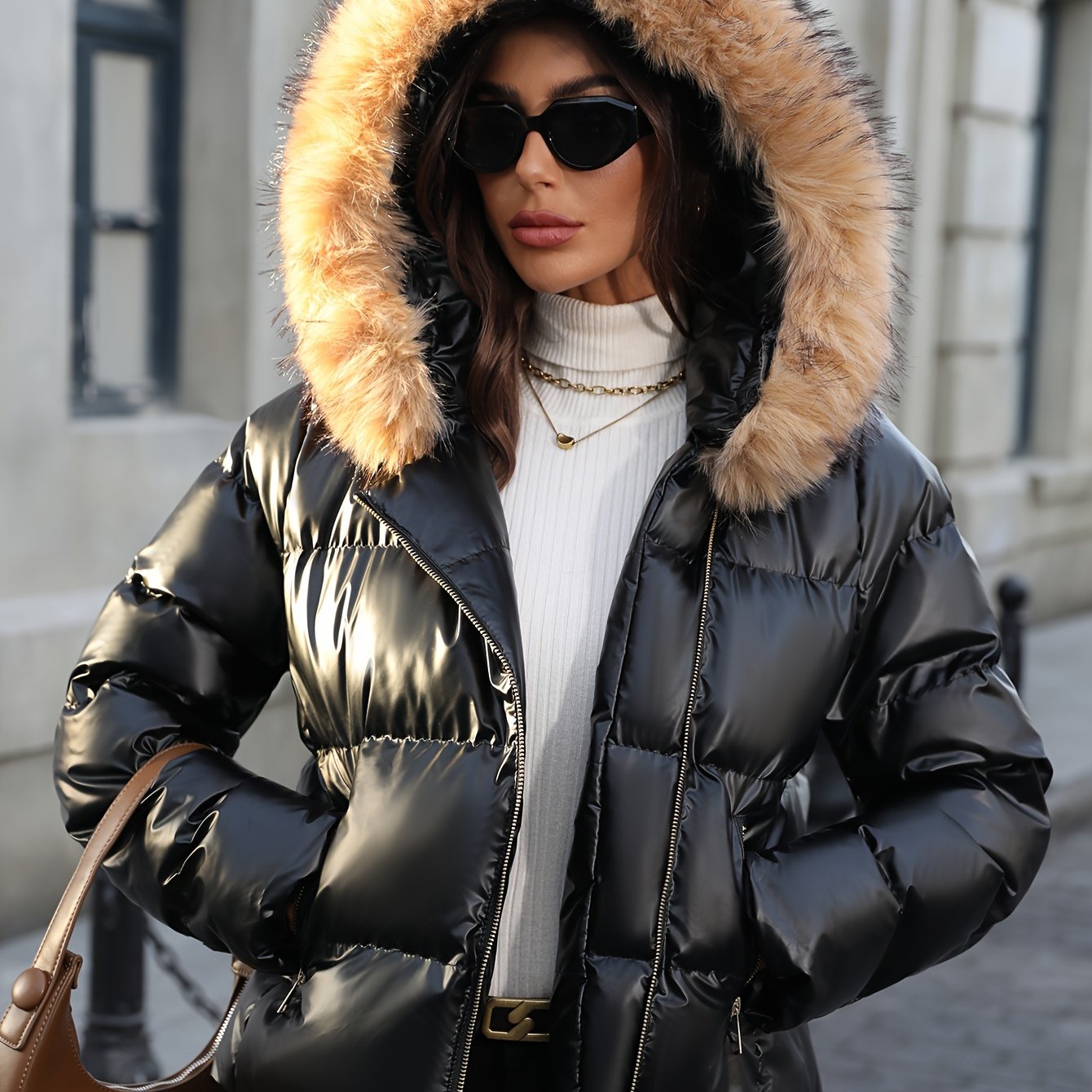 Puffer Coat with Faux Fur Hood