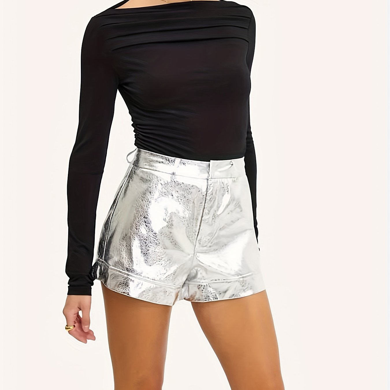 Metallic Colour PU Leather High Waist Shorts