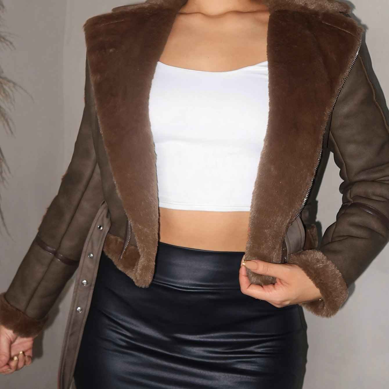 Chic Brown Faux Suede Zip-Up Jacket