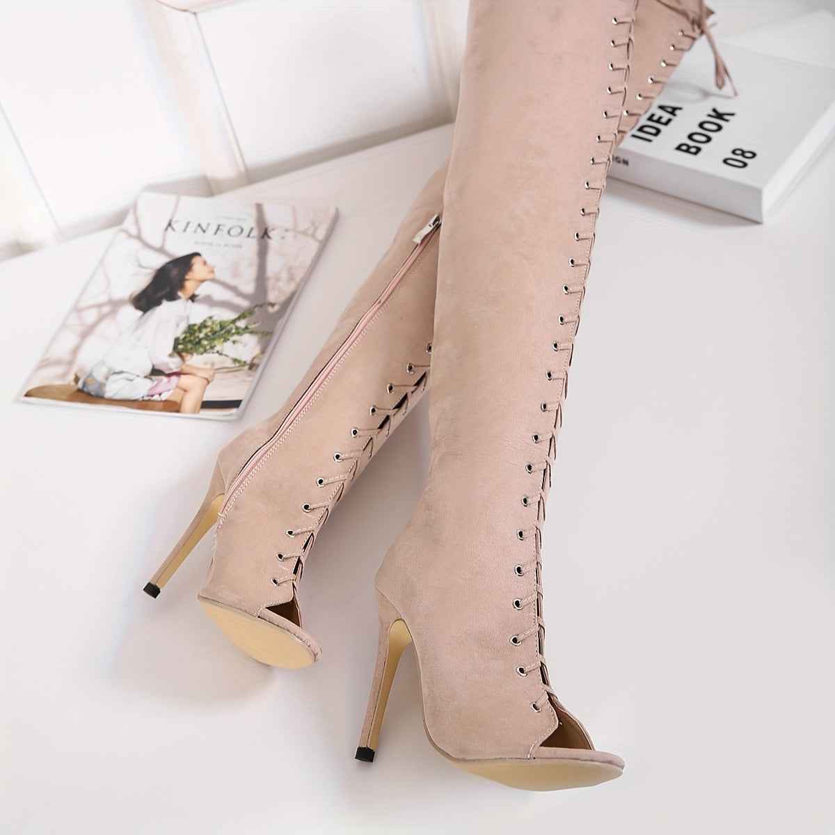 Faux Suede Thigh-High Lace-Up Boots – 12cm Stiletto