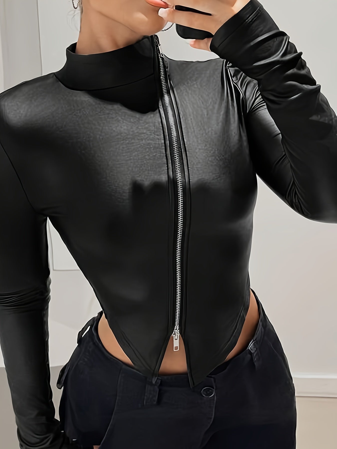 Faux Leather Asymmetrical Zip Up Jacket