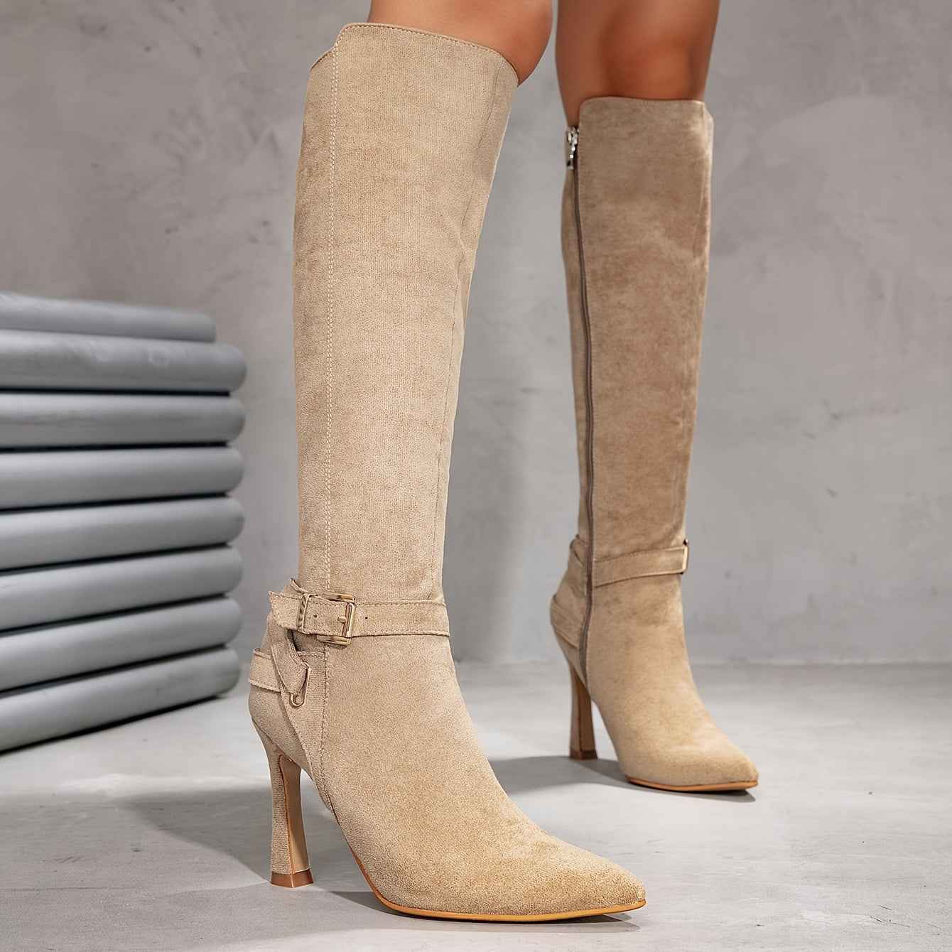 Faux Suede Pointed-Toe Stiletto Knee-High Boots
