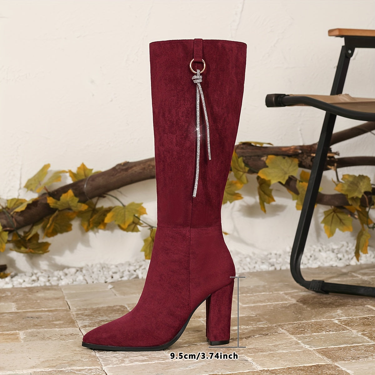 Glam Tassel – Rhinestone Burgundy Knee Boots