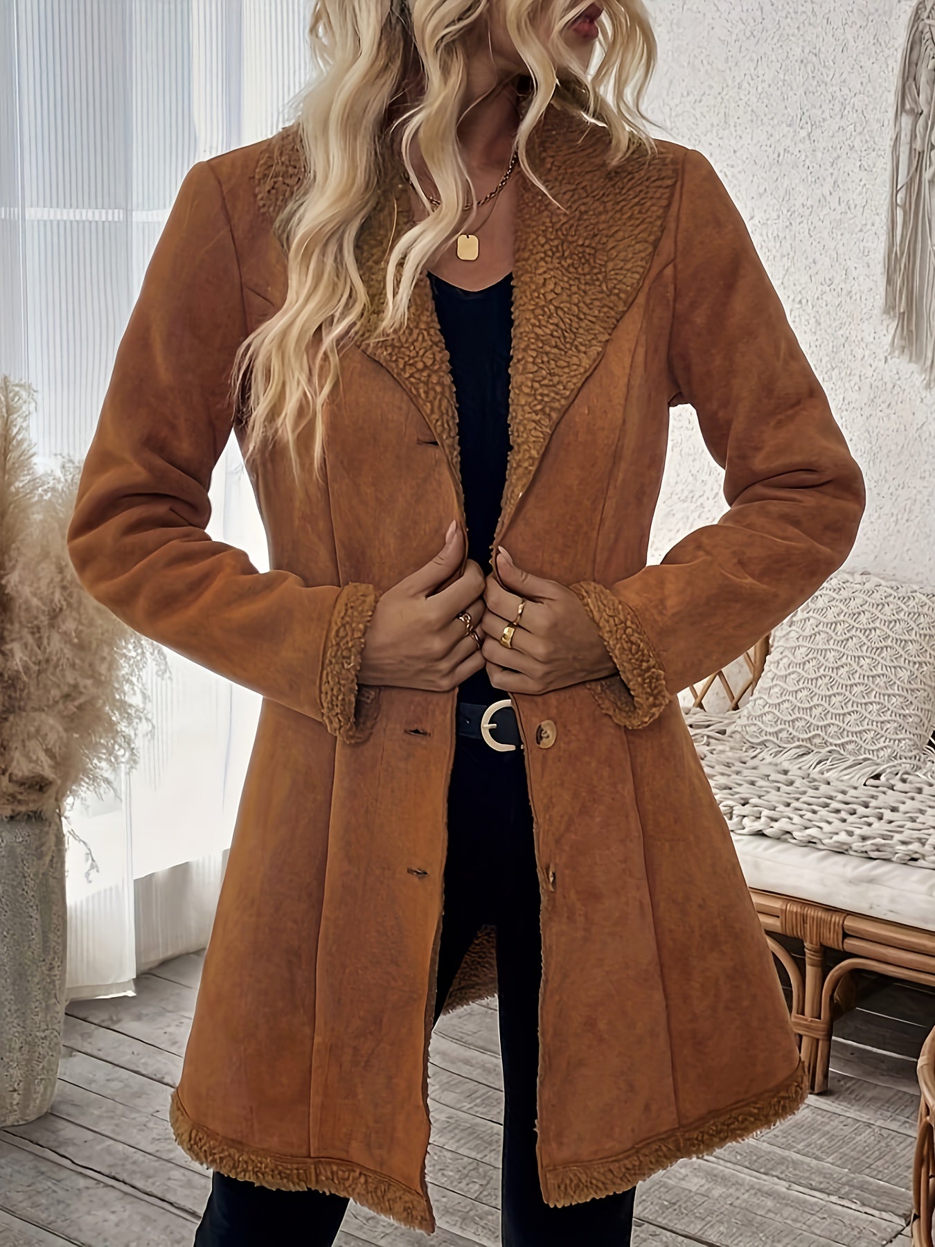 Vintage-Inspired Caramel Brown Double-Breasted Women's Faux Suede Coat