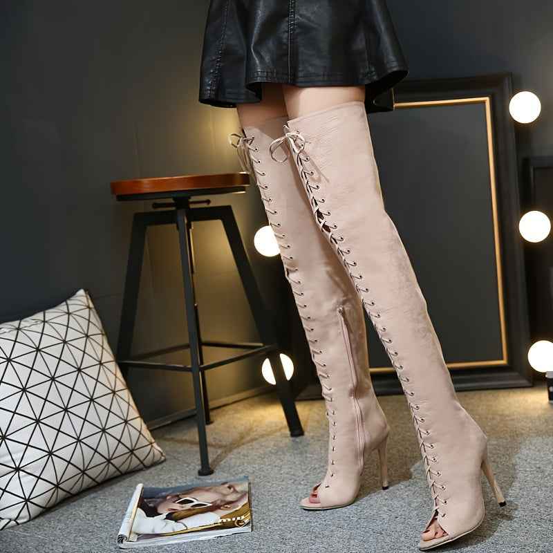 Faux Suede Thigh-High Lace-Up Boots – 12cm Stiletto