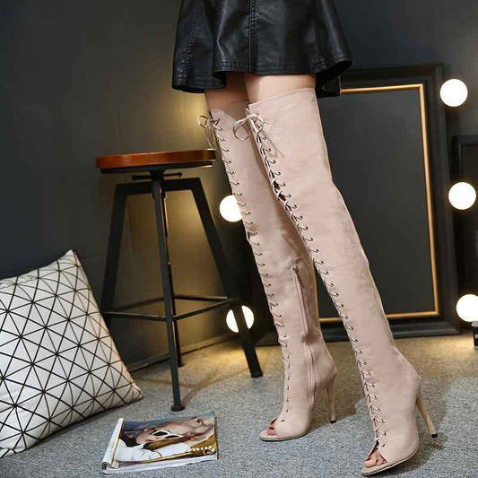 Faux Suede Thigh-High Lace-Up Boots – 12cm Stiletto