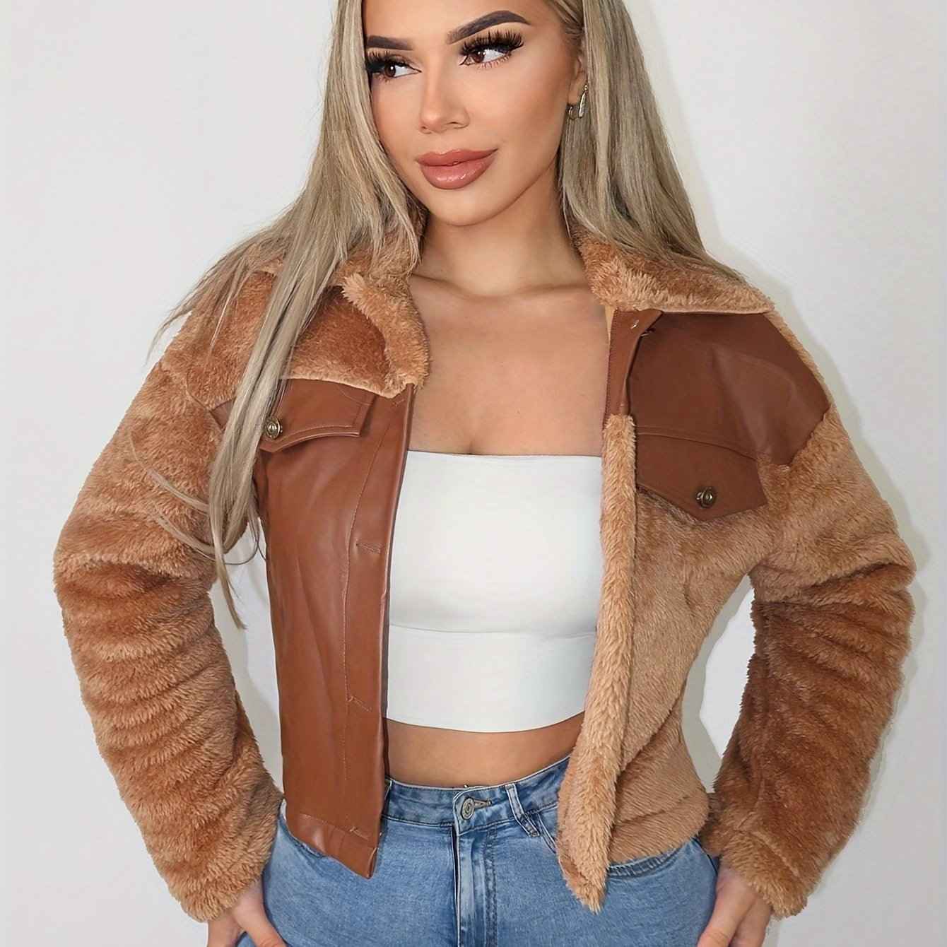 Cropped Faux Leather & Teddy Jacket with Button Front