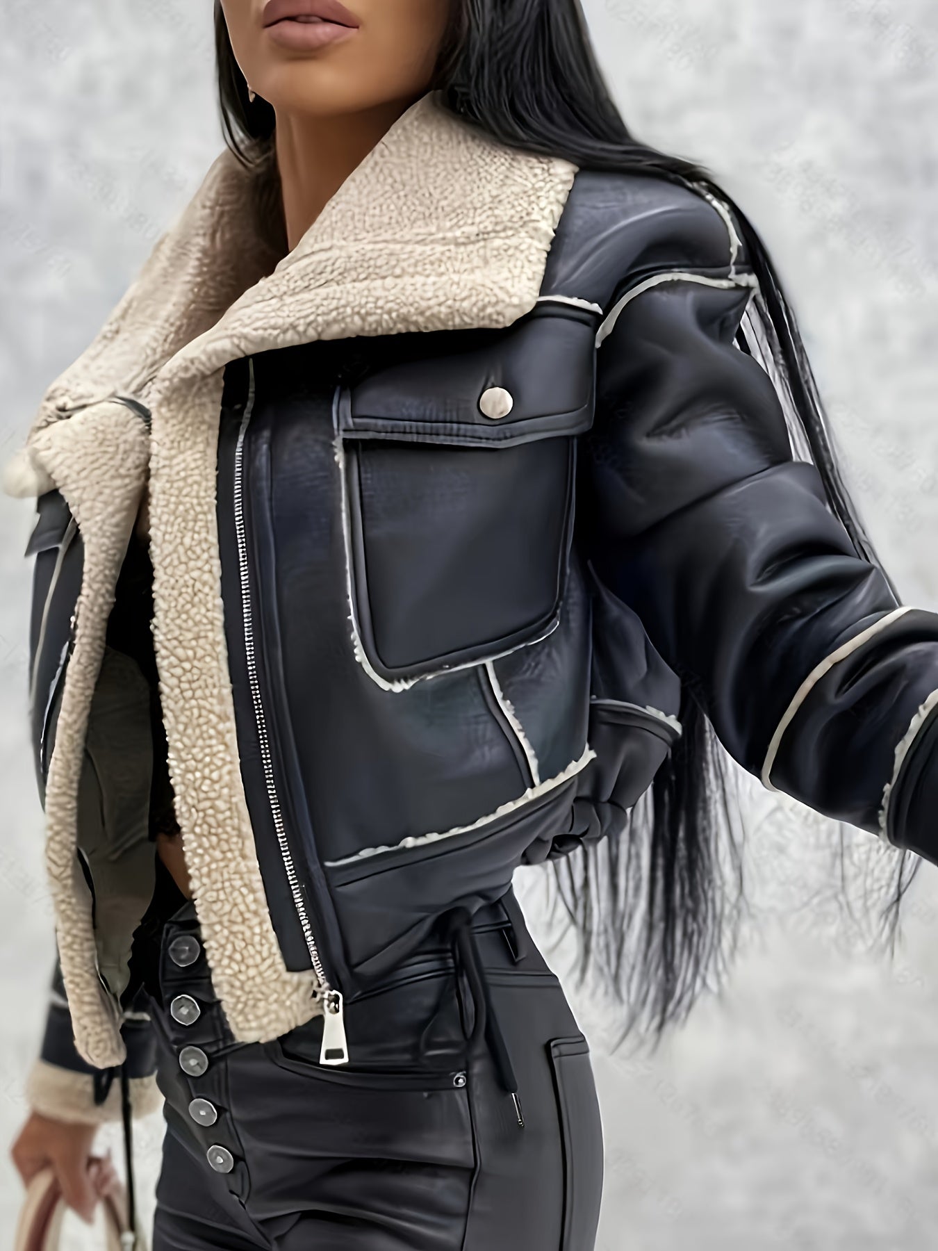 Faux Shearling Biker Style Casual Jacket with Lapel Collar