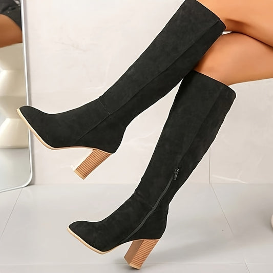 Black Faux Suede Knee-High Boots