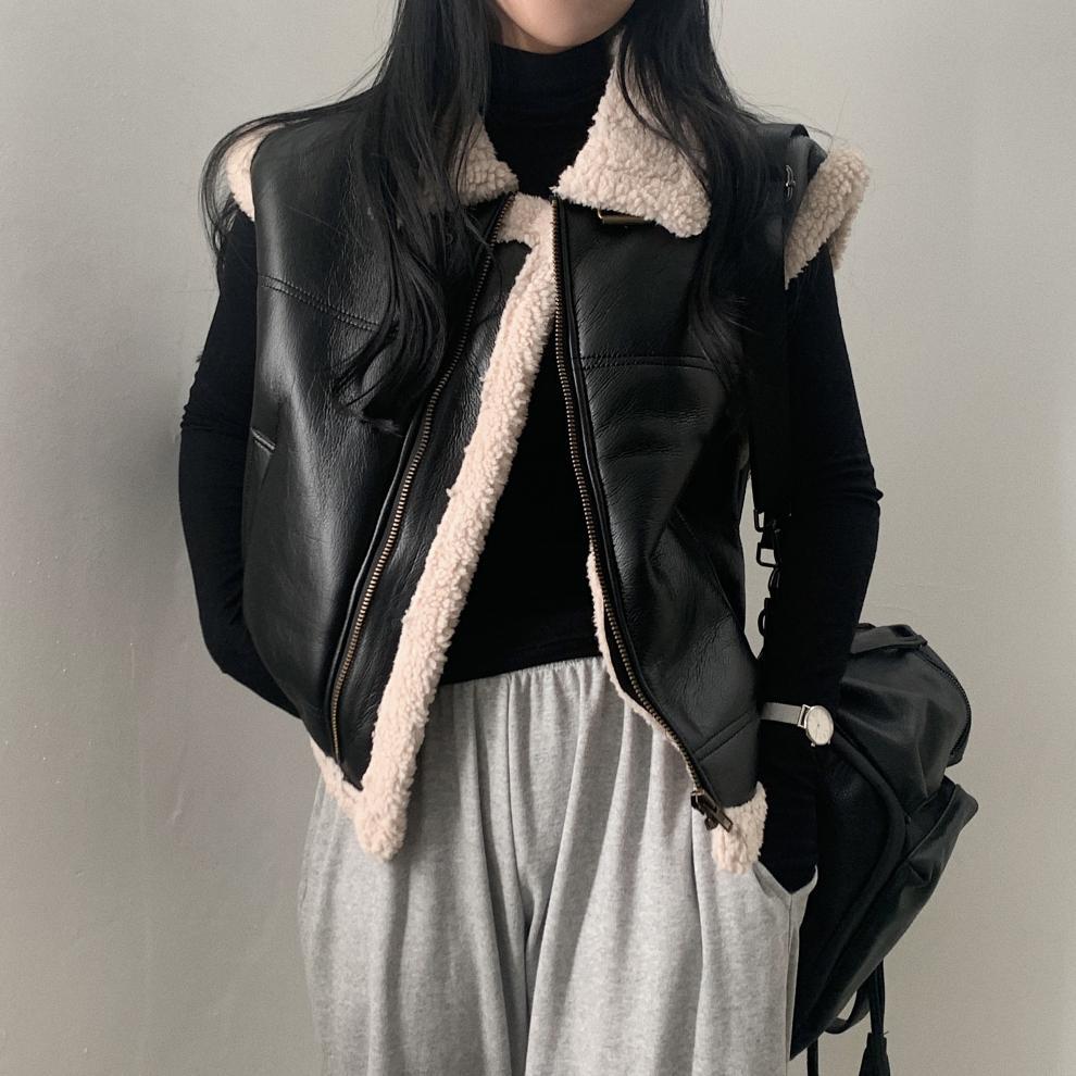 Faux Leather Shearling Vest Jacket