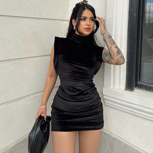 Faux Suede Turtleneck Flounce Sleeve Sheath Dress