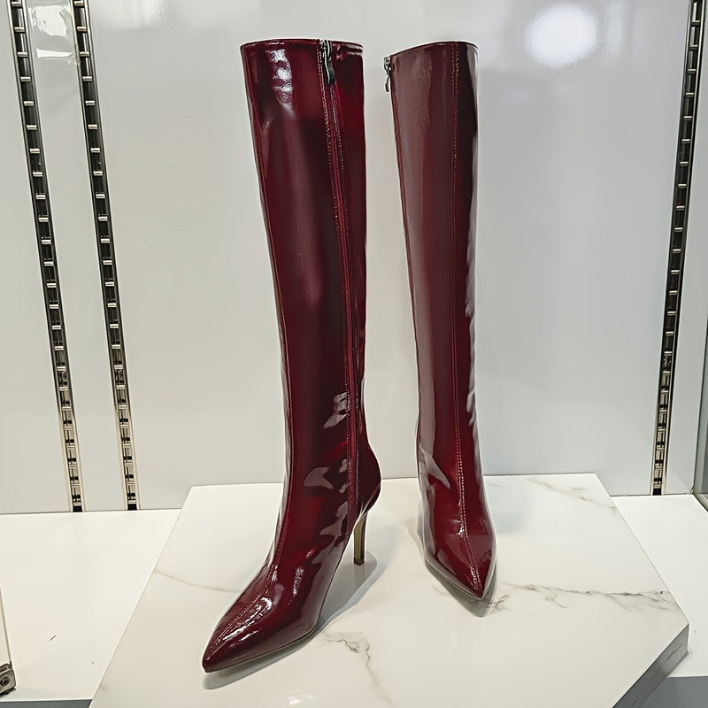 Burgundy Red Patent Leather Knee High Boots