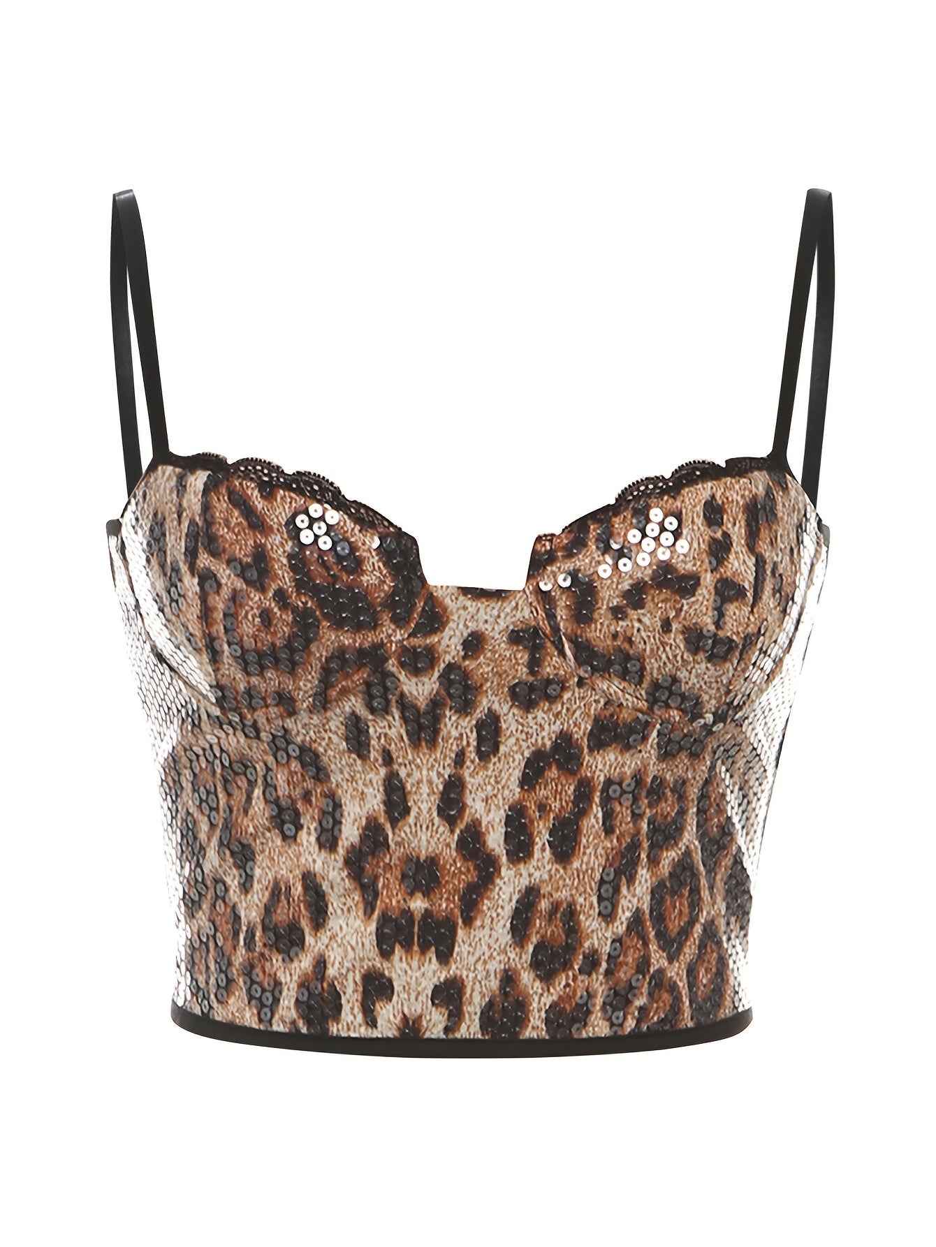 Medium Stretch Leopard Print Sequin Lace Trim Spaghetti Strap Camisole