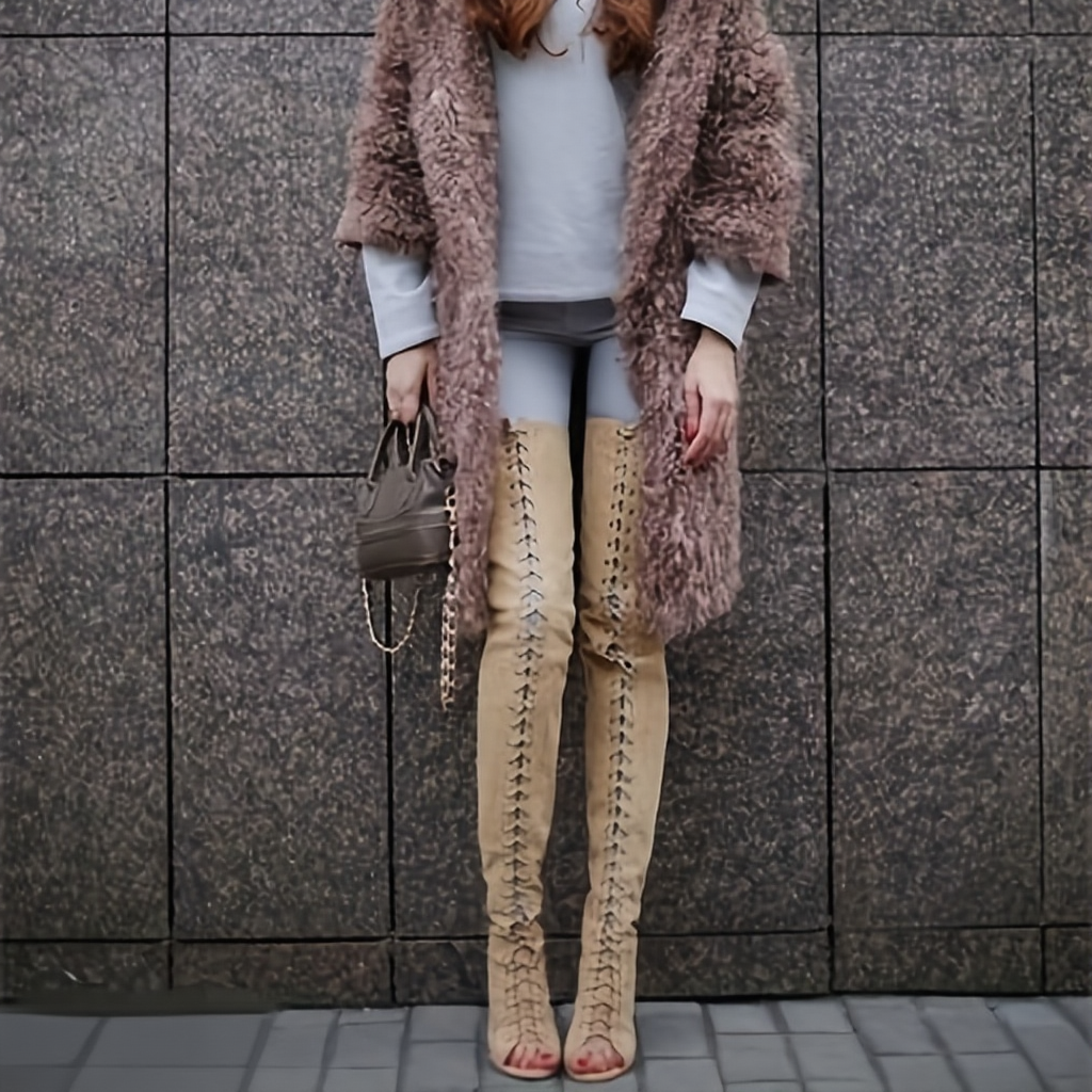 Faux Suede Peep Toe Thigh-High Lace-Up Boots – 12cm Stiletto