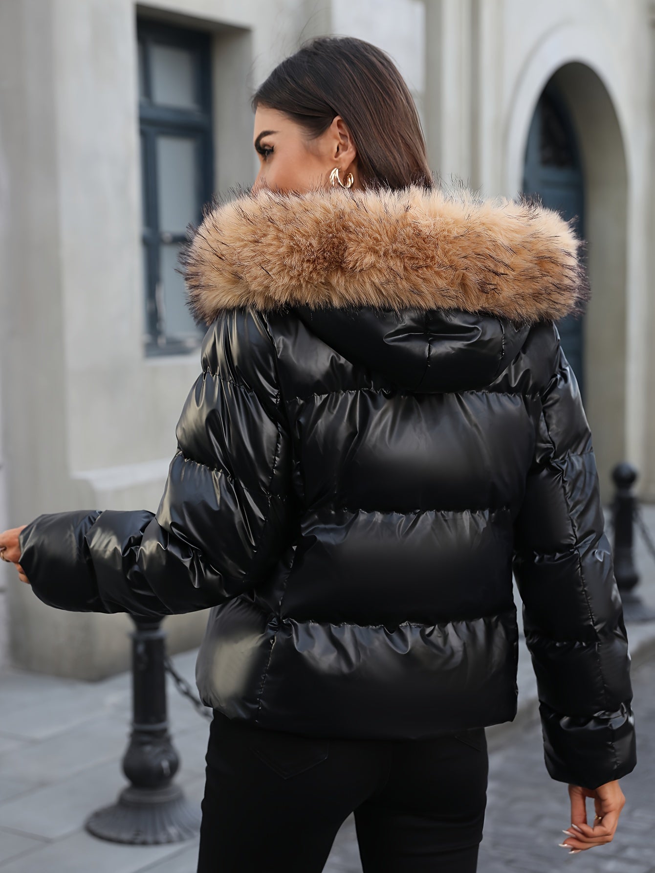 Puffer Coat with Faux Fur Hood