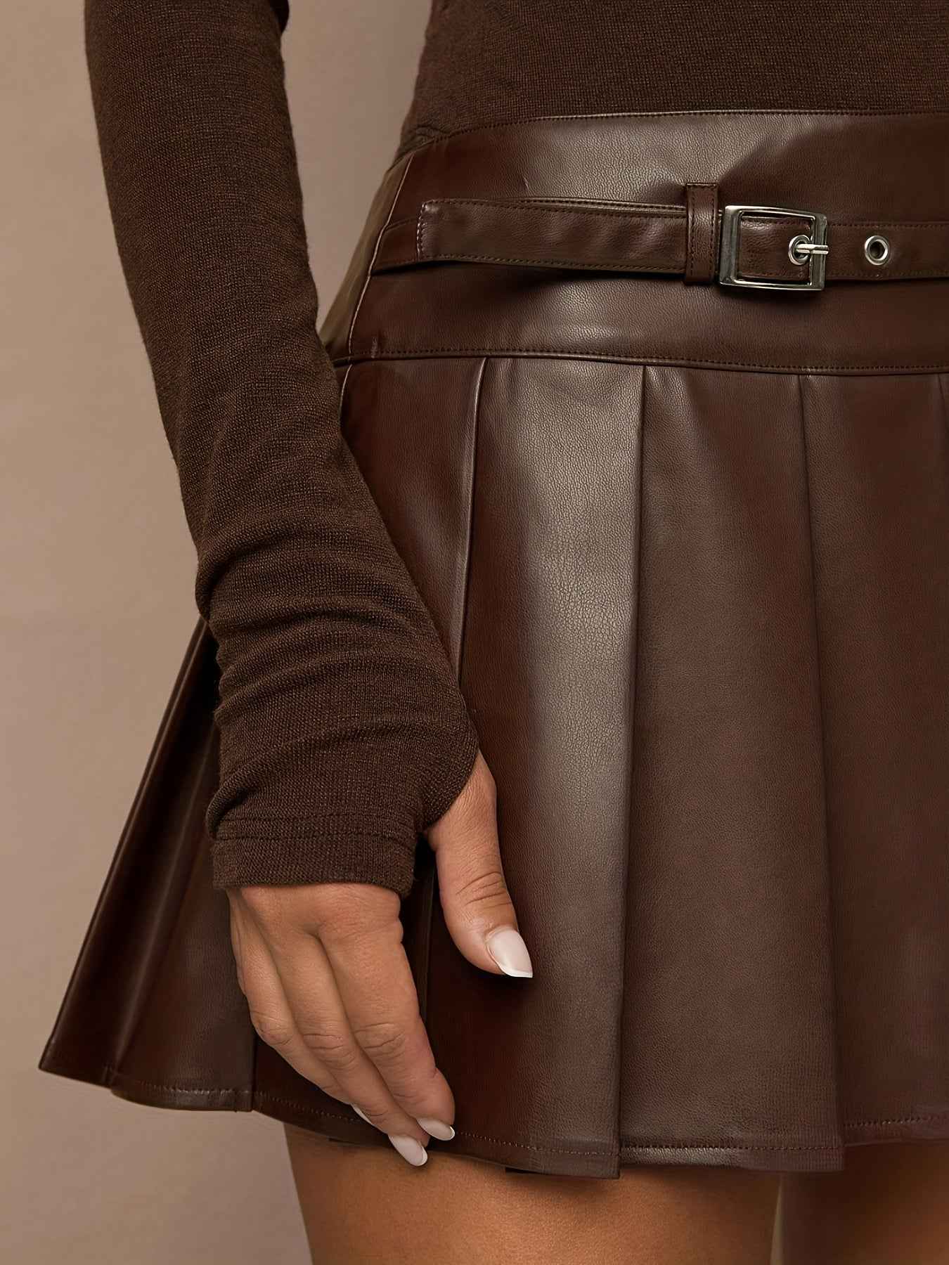 Brown PU Leather Slim-Fit Short Pleated Belted Mini Skirt