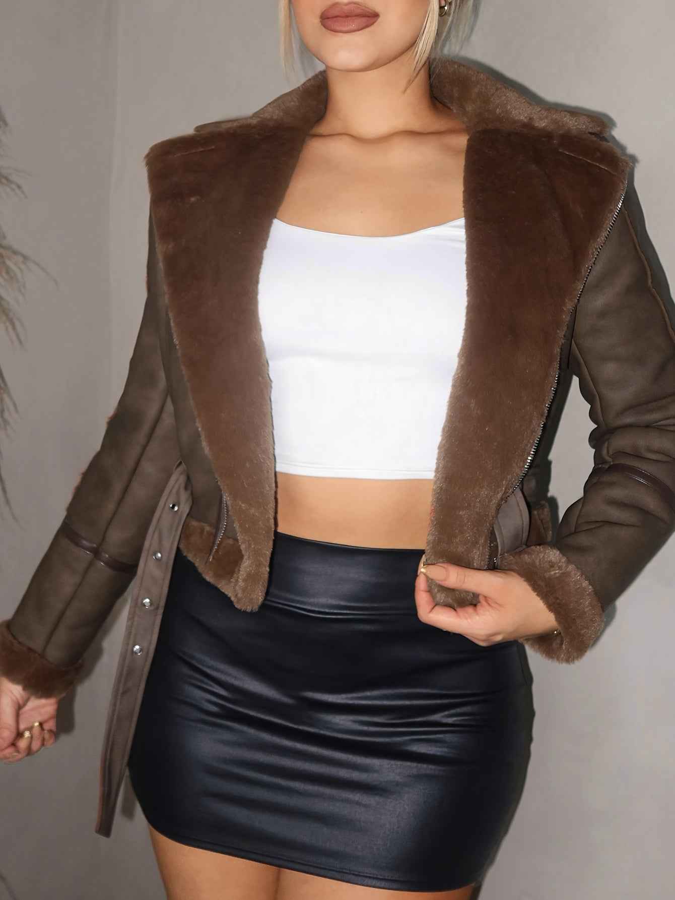 Chic Brown Faux Suede Zip-Up Jacket