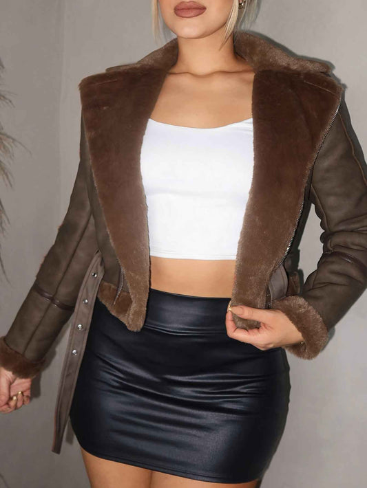Chic Brown Faux Suede Zip-Up Jacket
