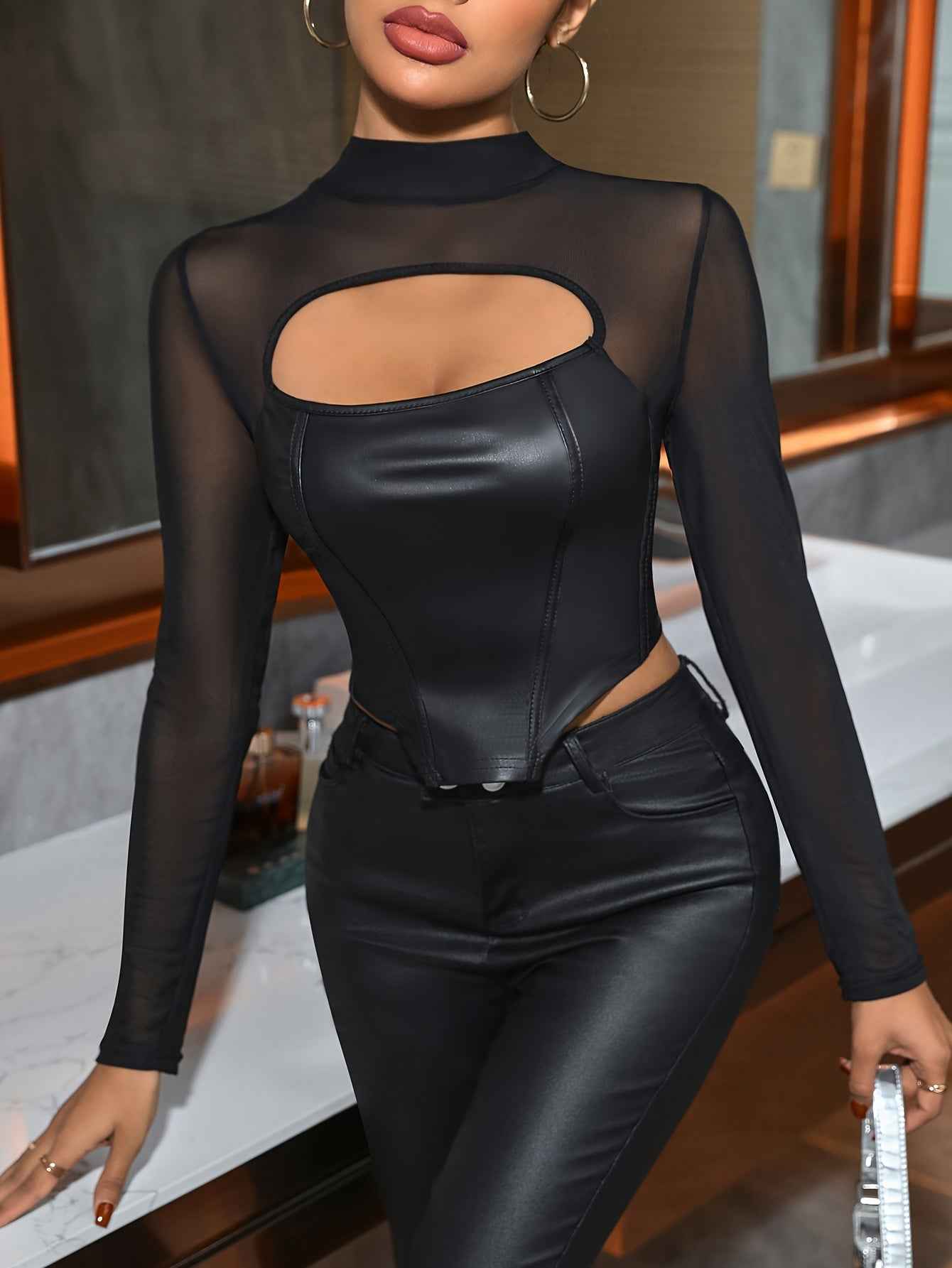 Faux Leather Corset-Style Top with Sheer Contrast Panels