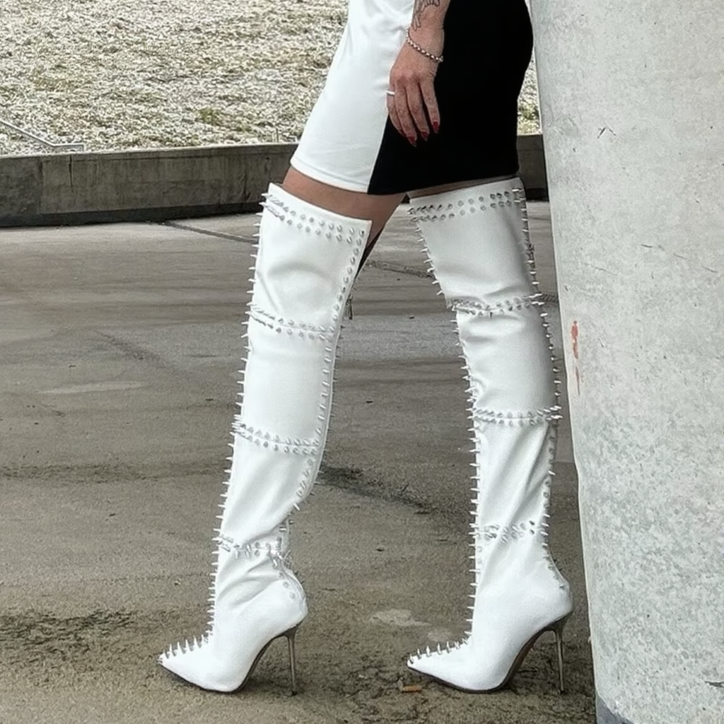 Glossy Patent Leather Rivet Thigh-High Stiletto Boots